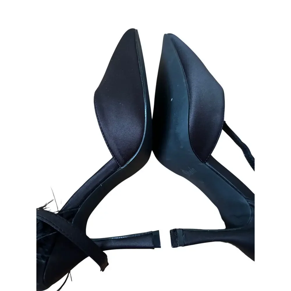 Black Satin Feather Trim Pointed Toe Stiletto Heels Women’s Size EU 38 US 7.5 - Picture 7 of 10